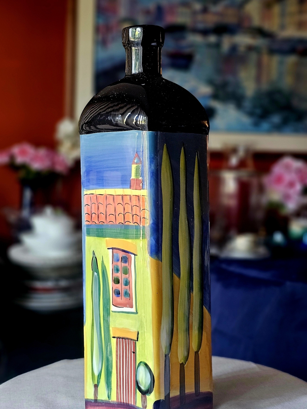 Naylor Hand-Painted Ceramic 15" Tall Bottle Vase Tuscan Mediterranean Scene